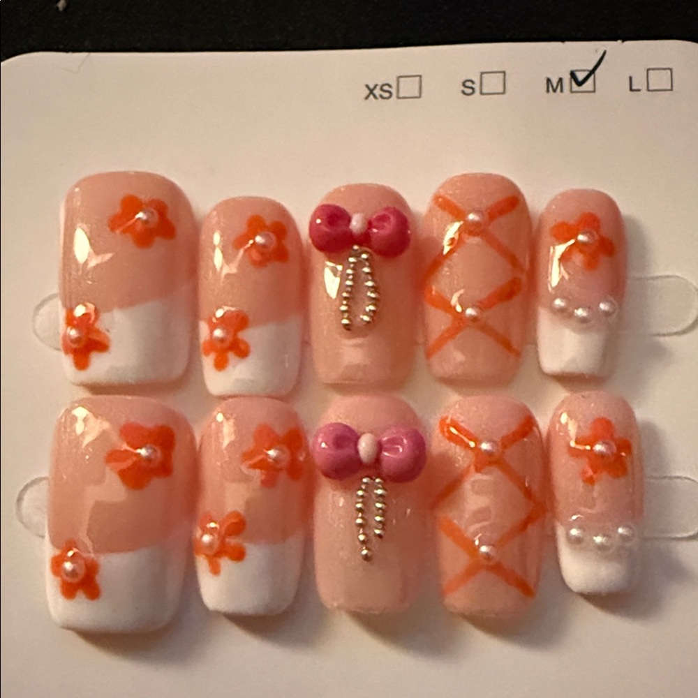 Pink and Orange Floral Nail Set
